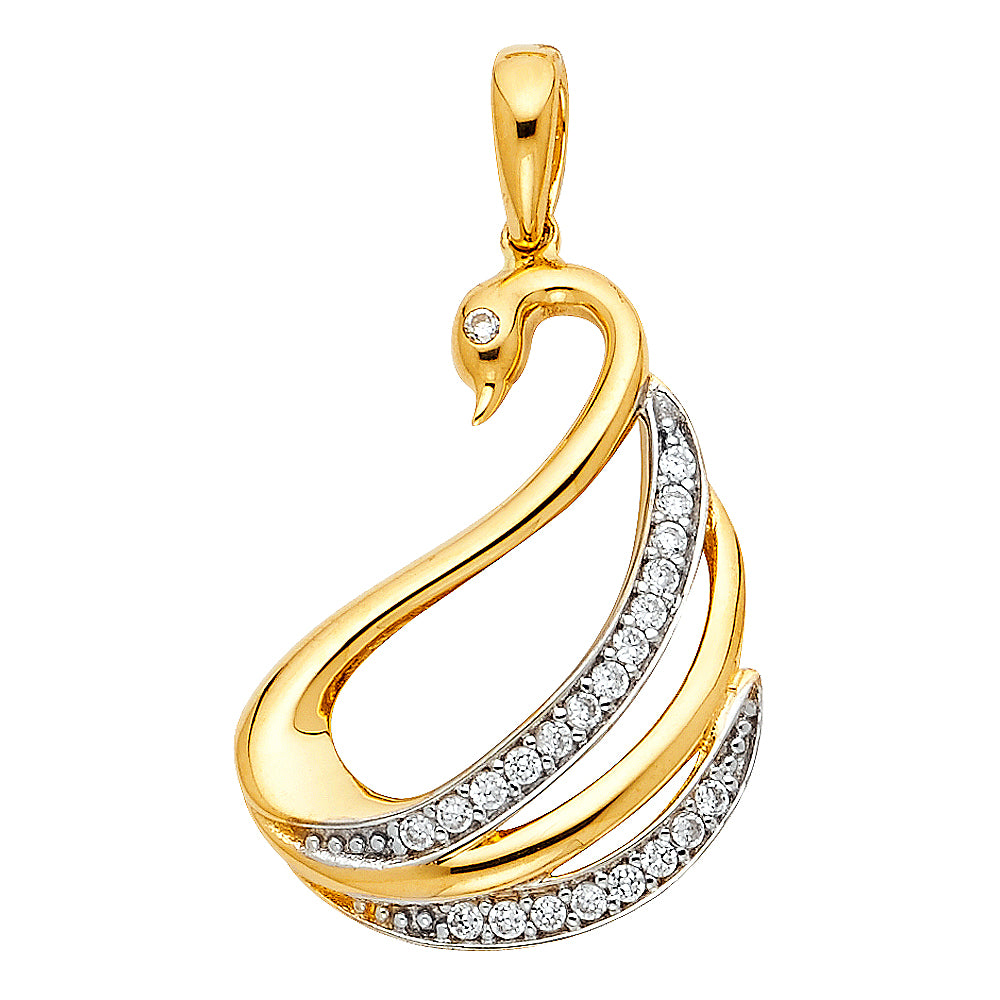 14k Yellow Gold with White CZ Accented Swan Charm Pendant (24mm x 18mm)