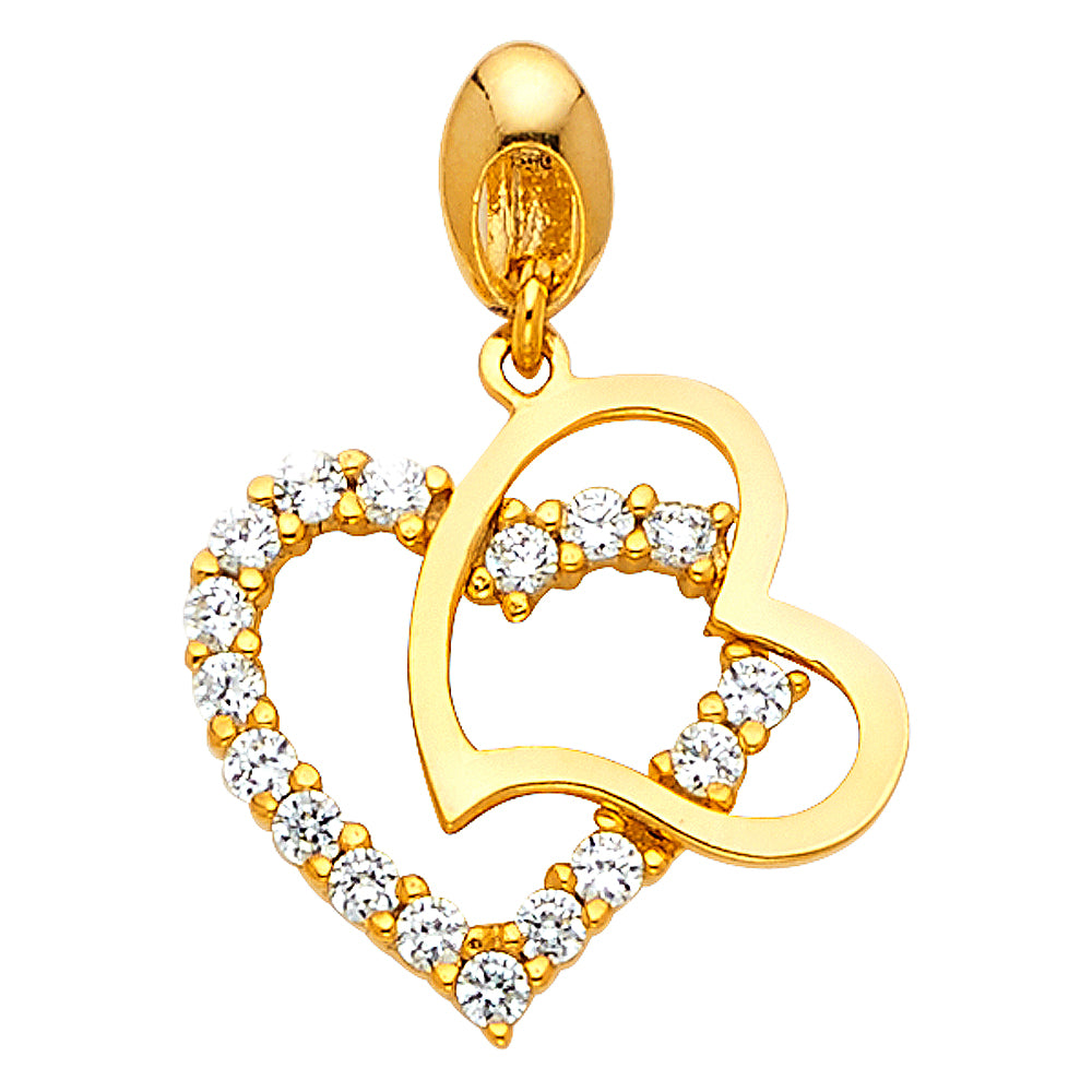 14k Yellow Gold with White CZ Accented Small/Mini Double Heart Charm Pendant (14mm x 14mm)