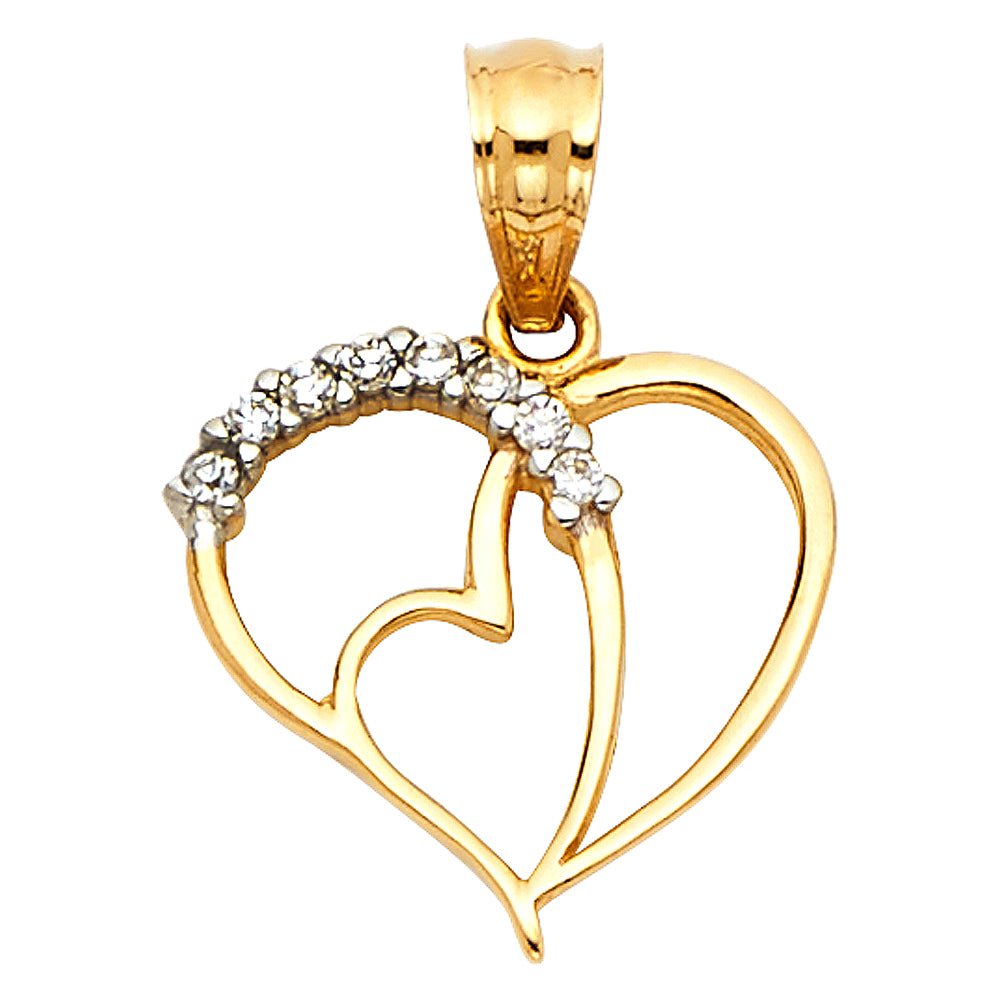 14k Yellow Gold with White CZ Accented Small/Mini Heart Charm Pendant (12mm x 13mm)