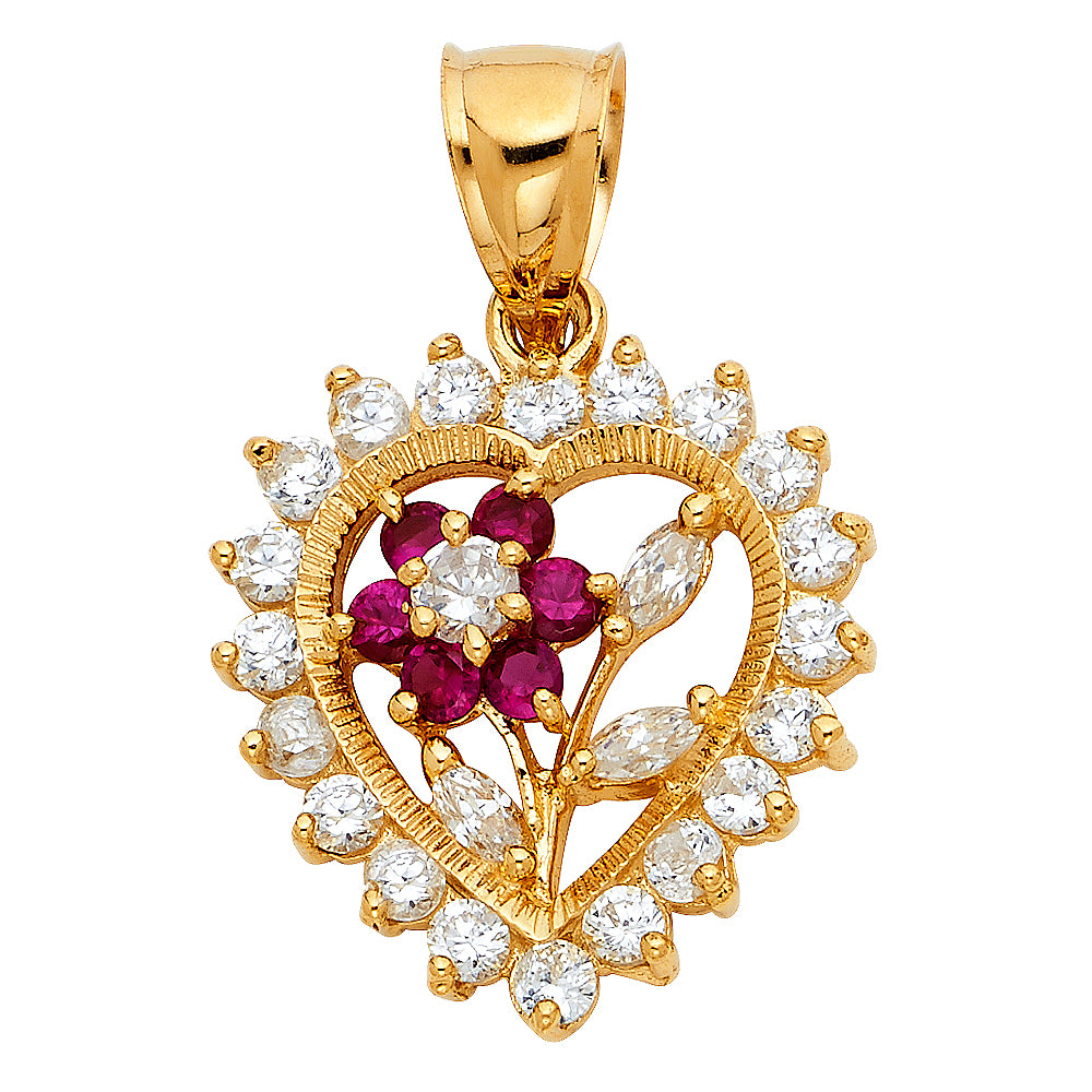 14k Yellow Gold with White CZ Accented Heart with Flower Charm Pendant (25mm x 23mm)