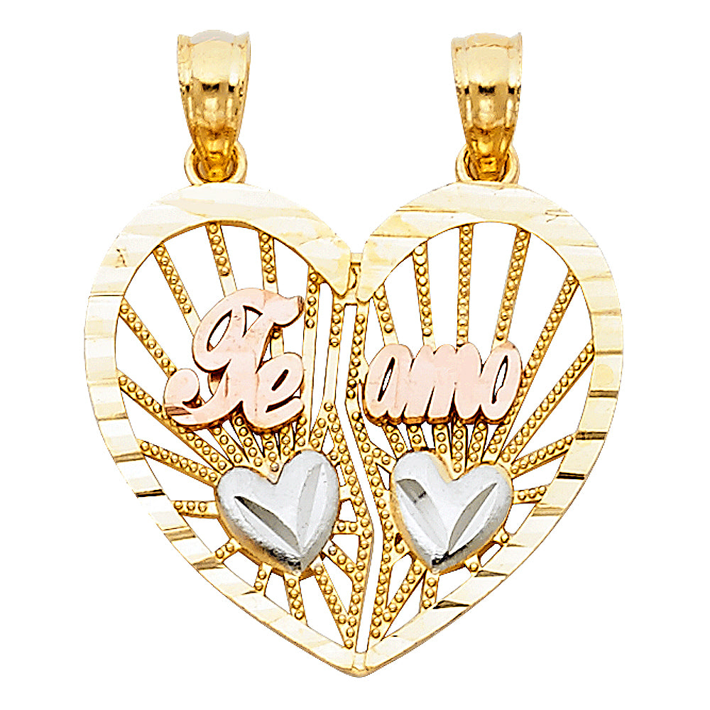 14K Tri-Color Gold Te Amo Heart 2 Piece Breakable Charm Pendant (20mm x 22mm)