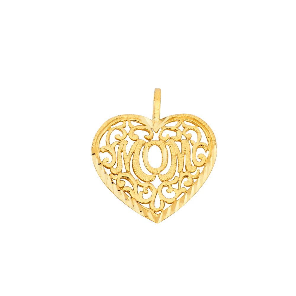 14k Yellow Gold Small/Mini Mom Heart Charm Pendant (20mm x 18mm)