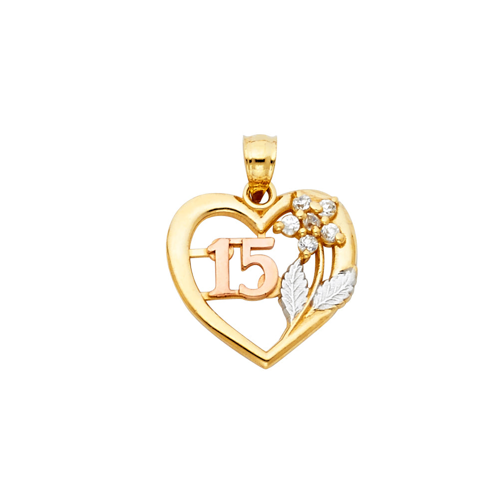 14K Tri-Color Gold with White CZ Accented 15 Years Birthday or Anniversary Heart Charm Pendant (20mm x 15mm)