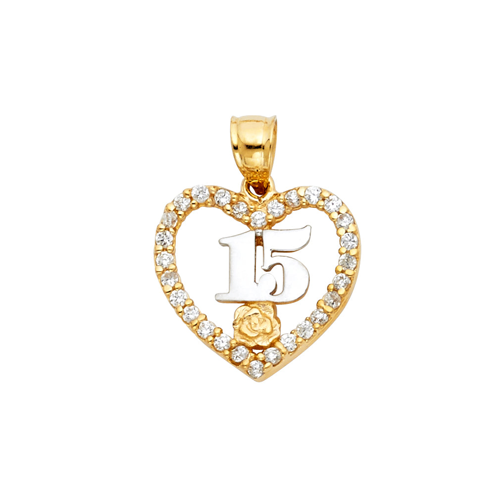 14K Two-tone Gold with White CZ Accented 15 Years Birthday or Anniversary Heart Charm Pendant (23mm x 18mm)