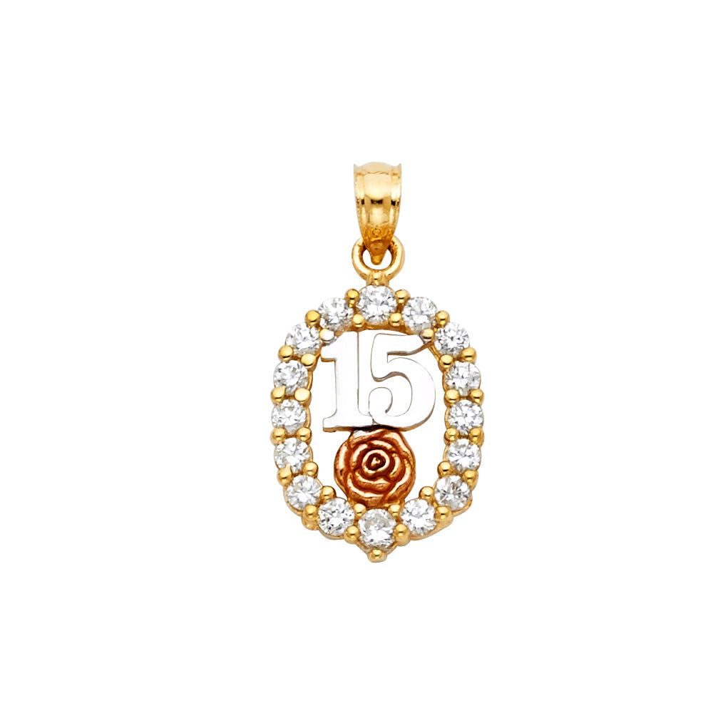 14K Tri-Color Gold with White CZ Accented 15 Years Birthday or Anniversary Charm Pendant (22mm x 12mm)