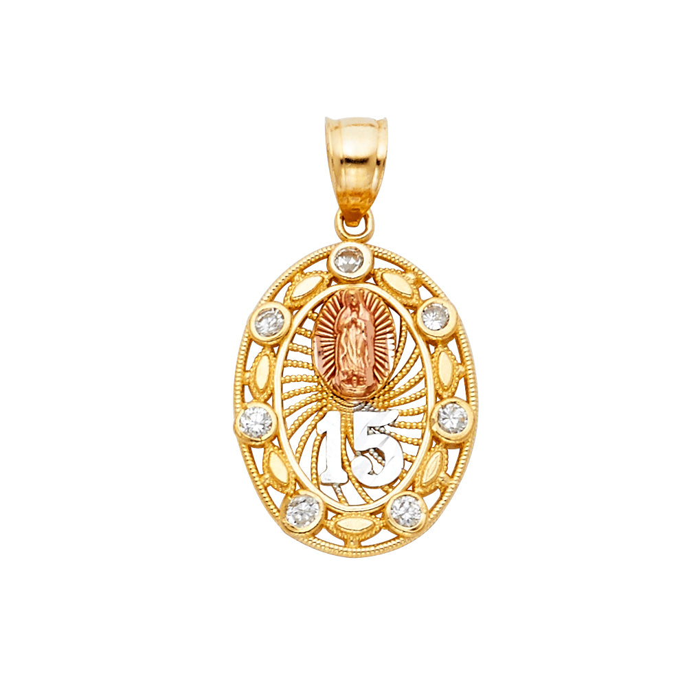 14K Tri-Color Gold with White CZ Accented 15 Years Birthday or Anniversary Charm Pendant (25mm x 15mm)