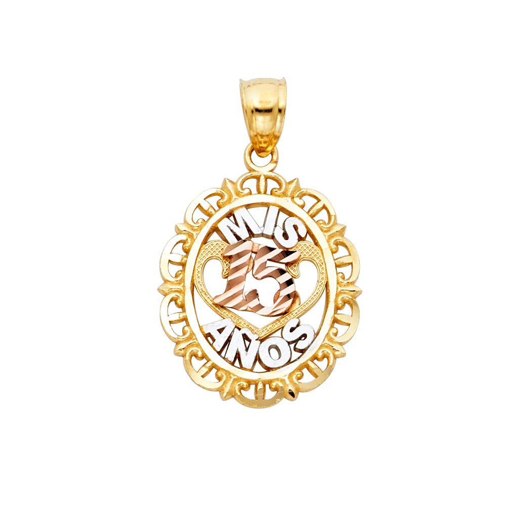 14K Tri-Color Gold 15 Years Birthday or Anniversary Charm Pendant (17mm x 17mm)