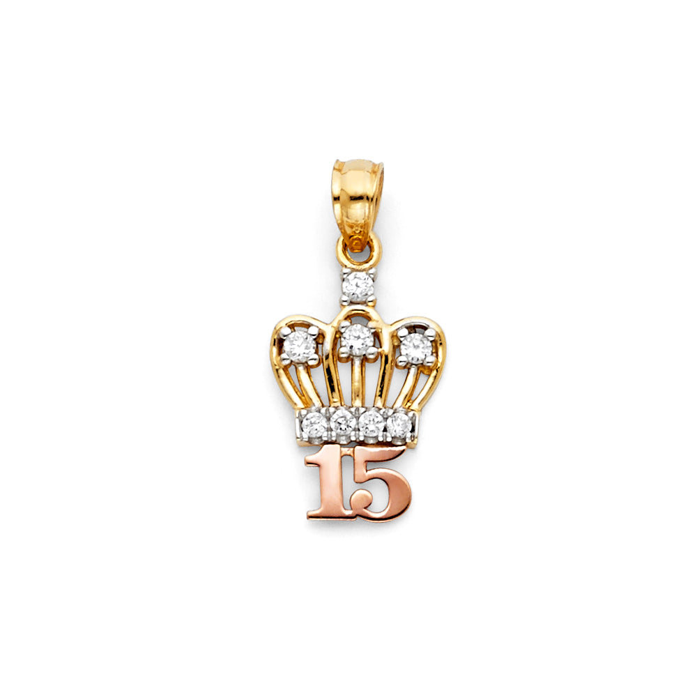 14K Two-tone Gold with White CZ Accented Small/Mini 15 Years Birthday or Anniversary Crown Charm Pendant (20mm x 10mm)