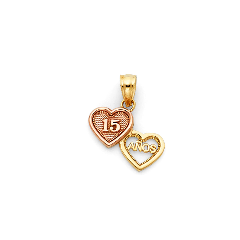 14K Two-tone Gold with White CZ Accented Small/Mini 15 Years Birthday or Anniversary Heart Charm Pendant (15mm x 13mm)