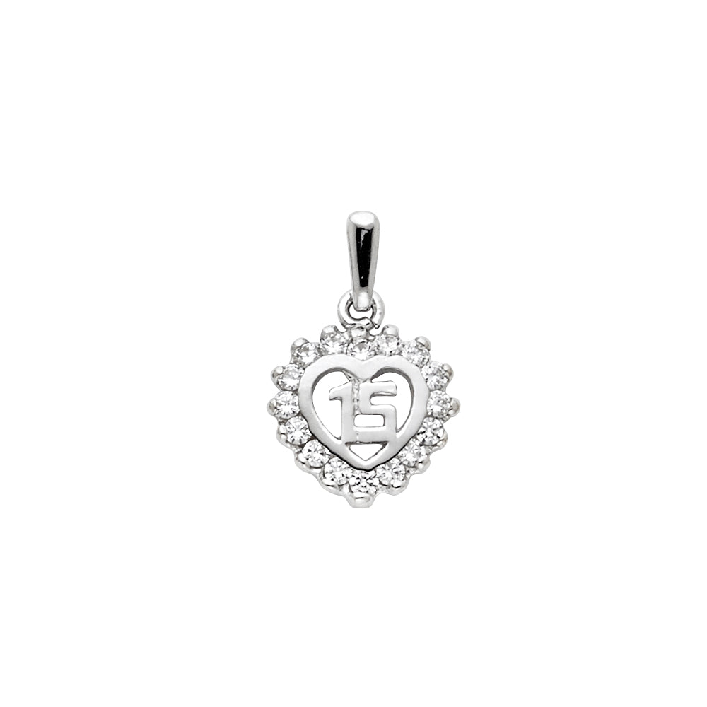14k White Gold with White CZ Accented Small/Mini 15 Years Birthday or Anniversary Heart Charm Pendant (13mm x 11mm)