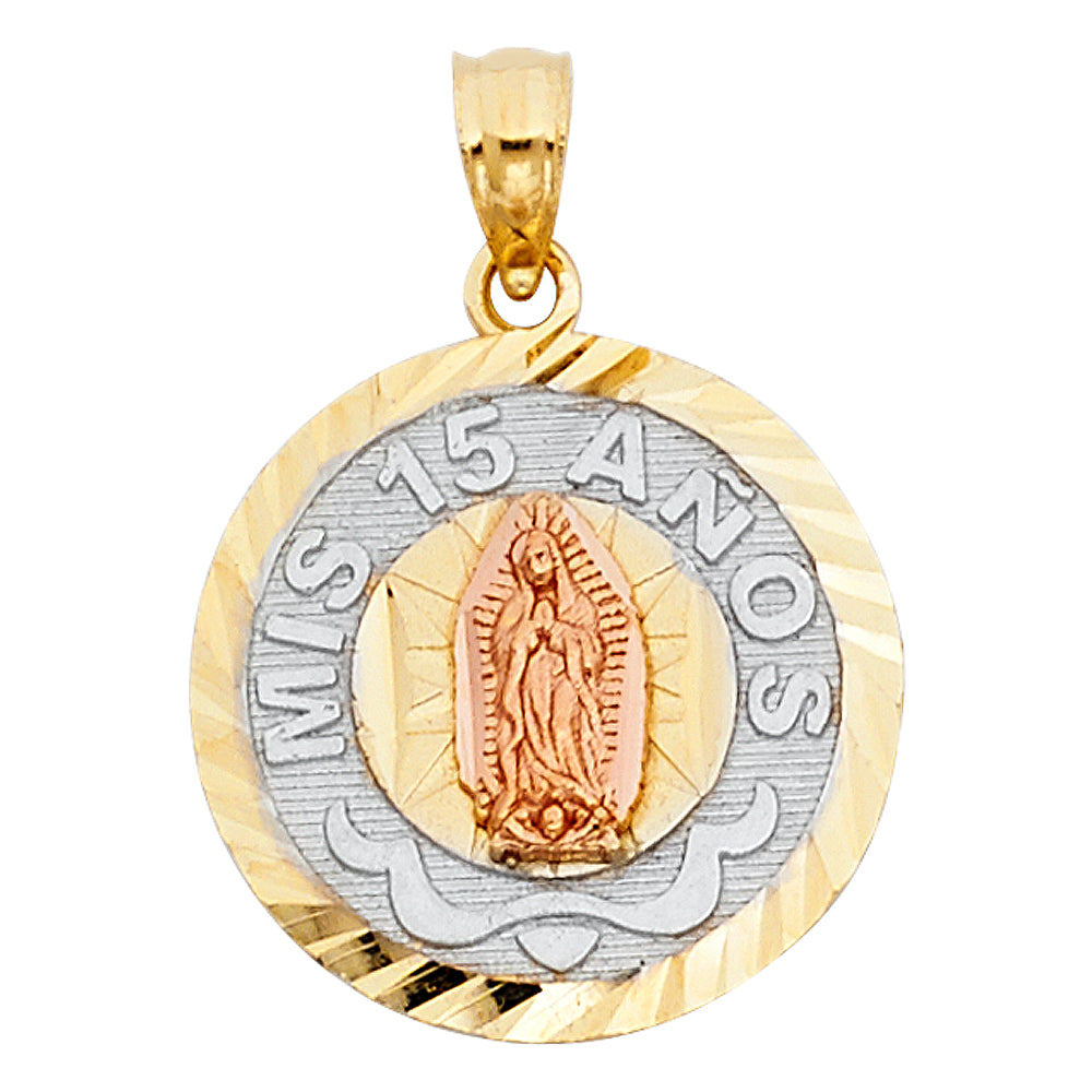 14K Tri-Color Gold 15 Years Birthday or Anniversary Charm Pendant (18mm x 18mm)