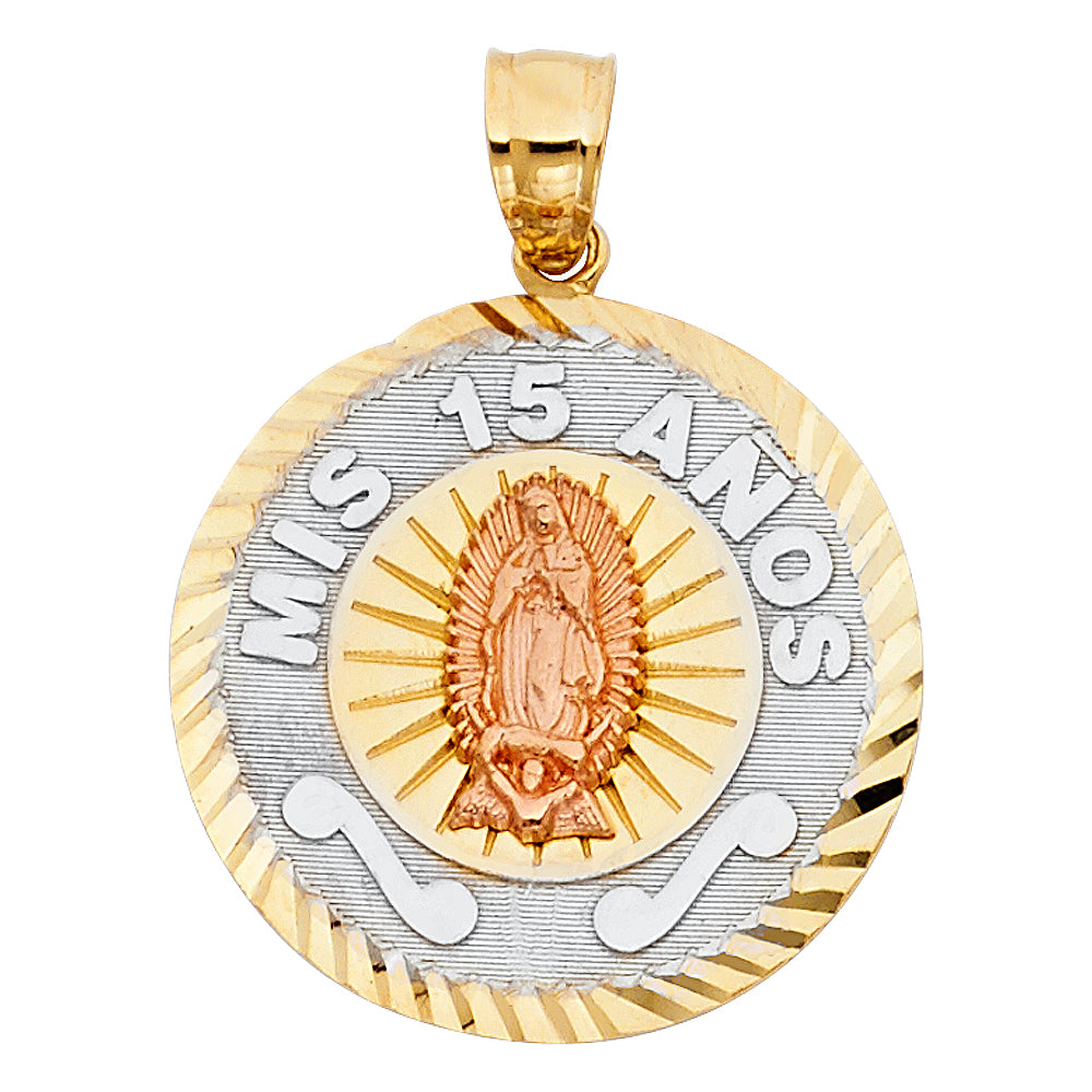14K Tri-Color Gold 15 Years Birthday or Anniversary Charm Pendant (23mm x 23mm)