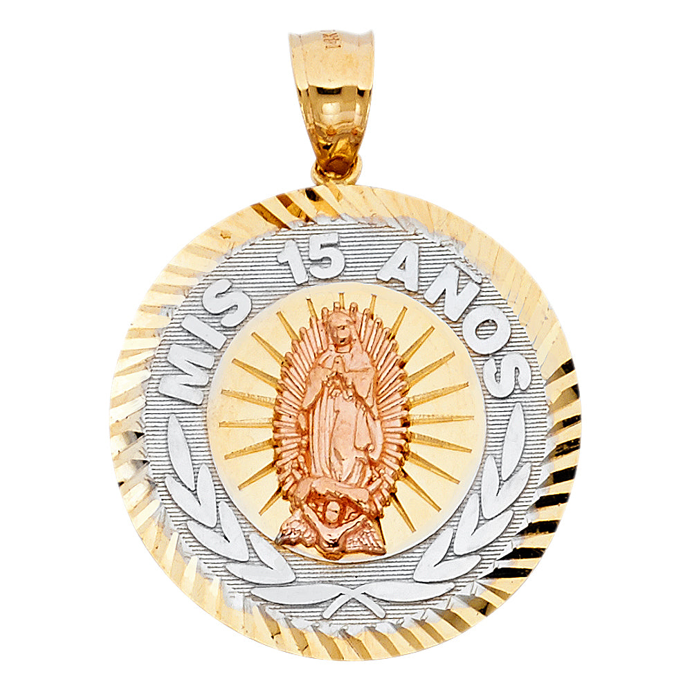 14K Tri-Color Gold 15 Years Birthday or Anniversary Charm Pendant (26mm x 26mm)
