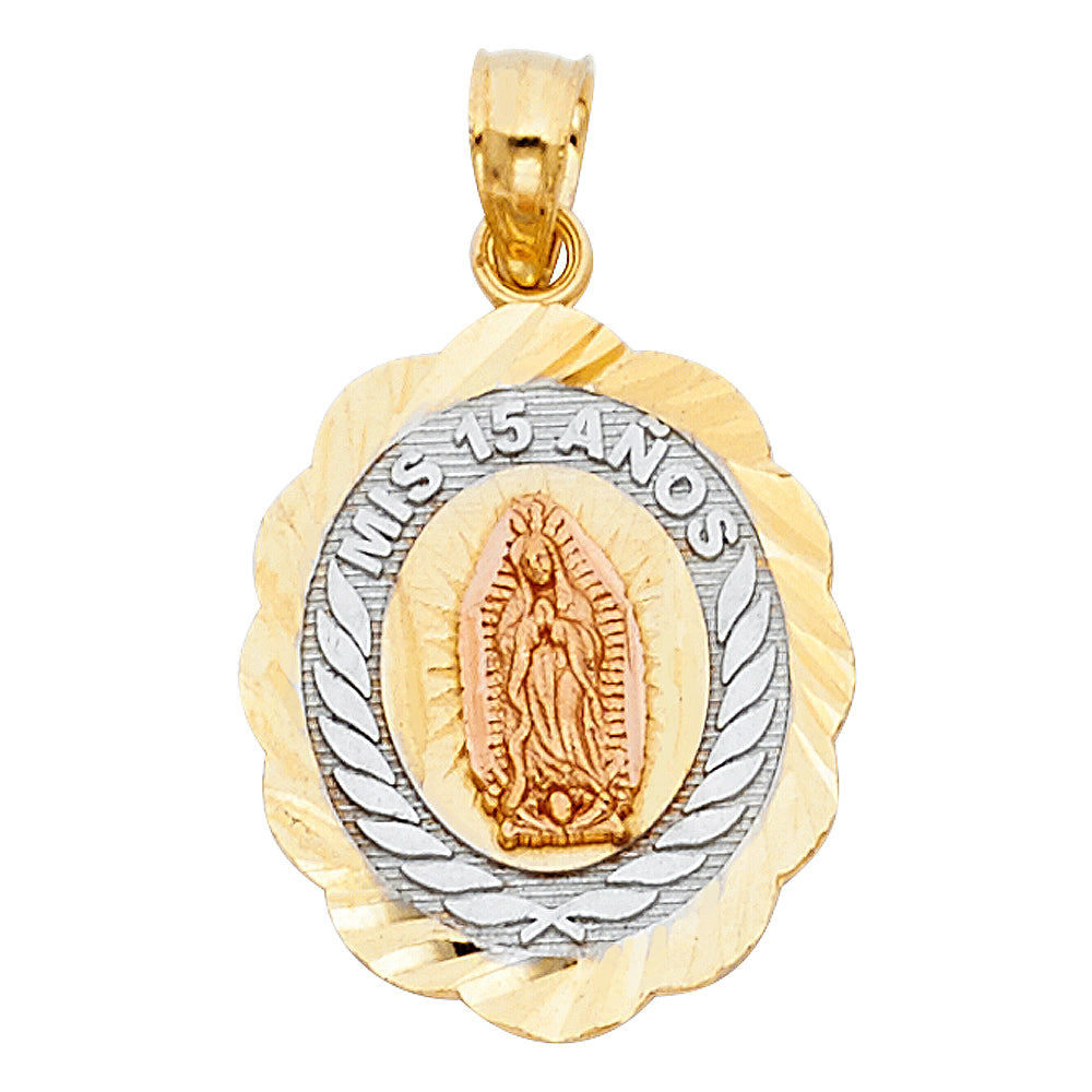 14K Tri-Color Gold 15 Years Birthday or Anniversary Charm Pendant (20mm x 16mm)
