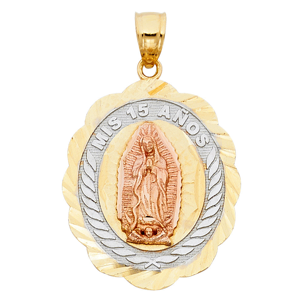 14K Tri-Color Gold 15 Years Birthday or Anniversary Charm Pendant (26mm x 22mm)