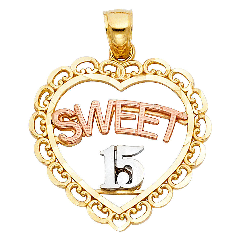14K Tri-Color Gold 15 Years Birthday or Anniversary Heart Charm Pendant (22mm x 24mm)