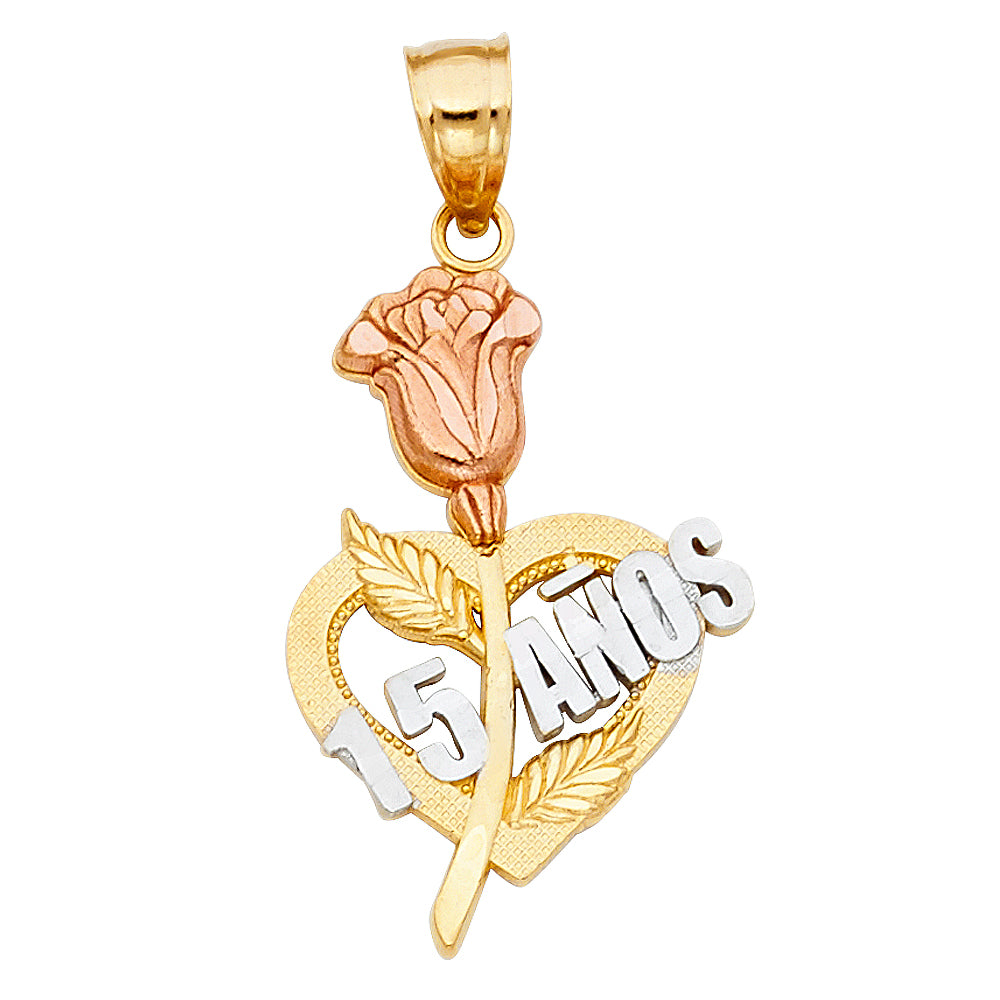 14K Tri-Color Gold 15 Years Birthday or Anniversary Heart Charm Pendant (25mm x 17mm)