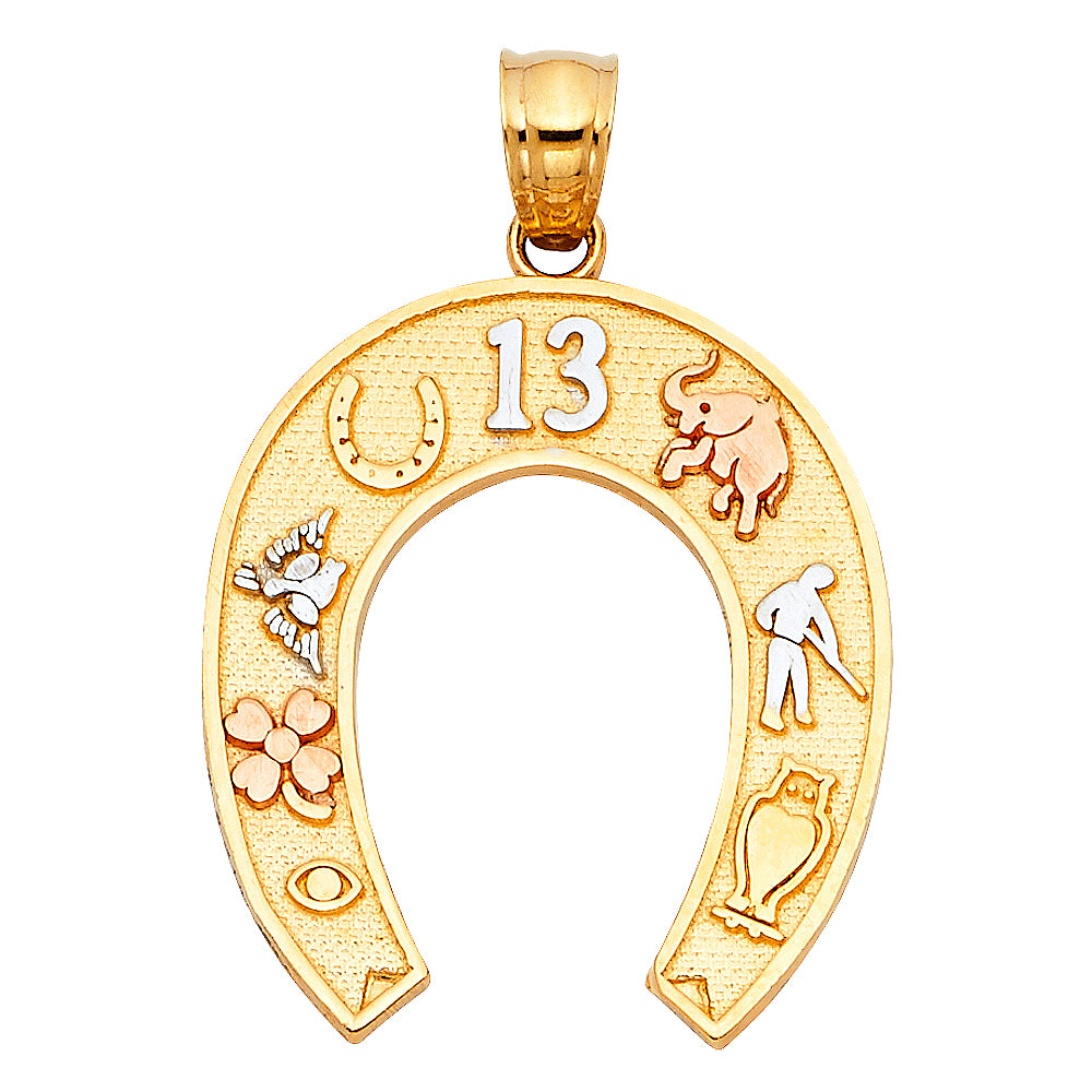 14K Tri-Color Gold Lucky Horseshoe Charm Pendant (24mm x 21mm)