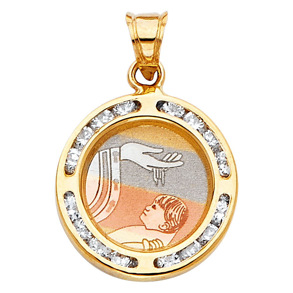 14K Tri-Color Gold Small/Mini Round Baptism Charm Pendant, Channel Set CZ Accent, 15mm (17mm x 15mm)