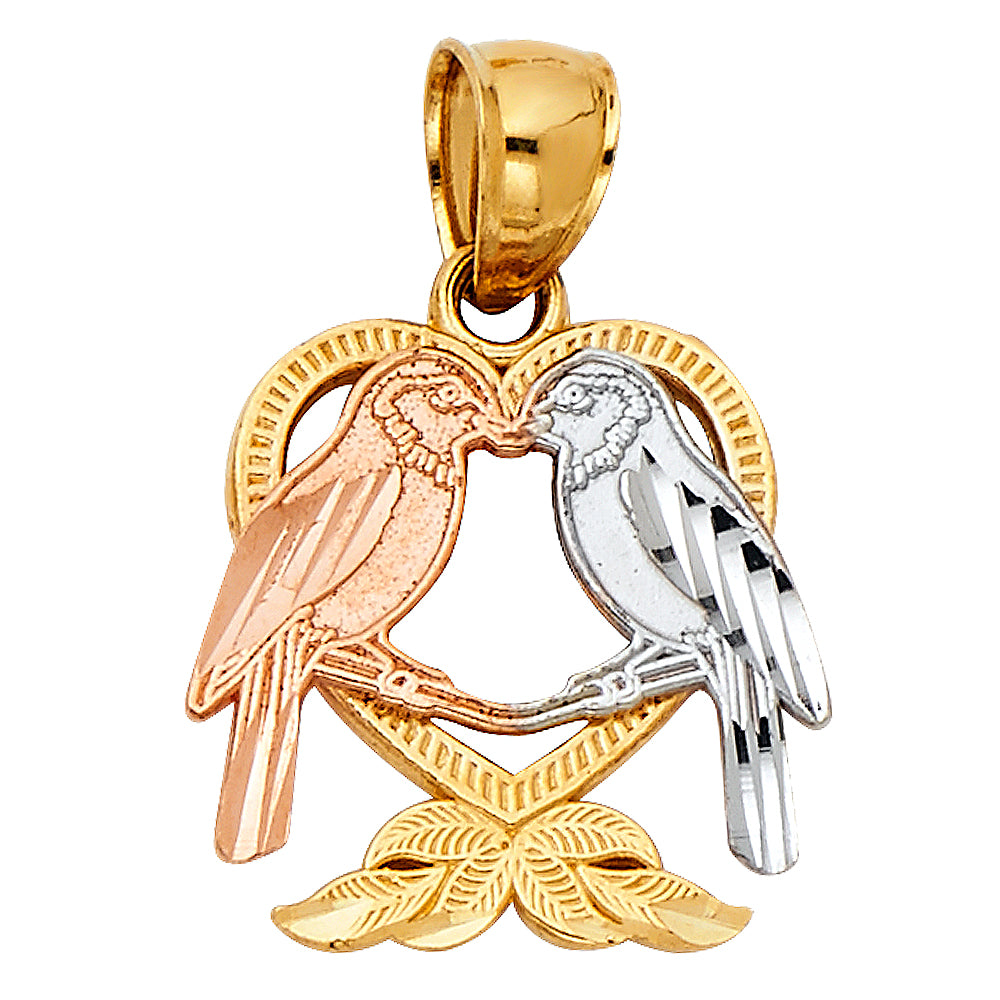 14K Tri-Color Gold Heart with Bird Charm Pendant (15mm x 15mm)