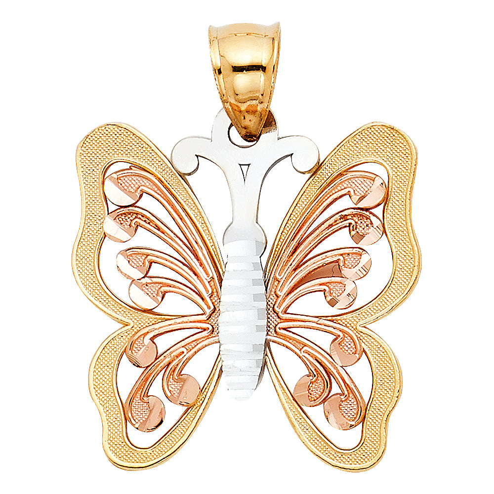 14K Tri-Color Gold Butterfly Charm Pendant (22mm x 22mm)