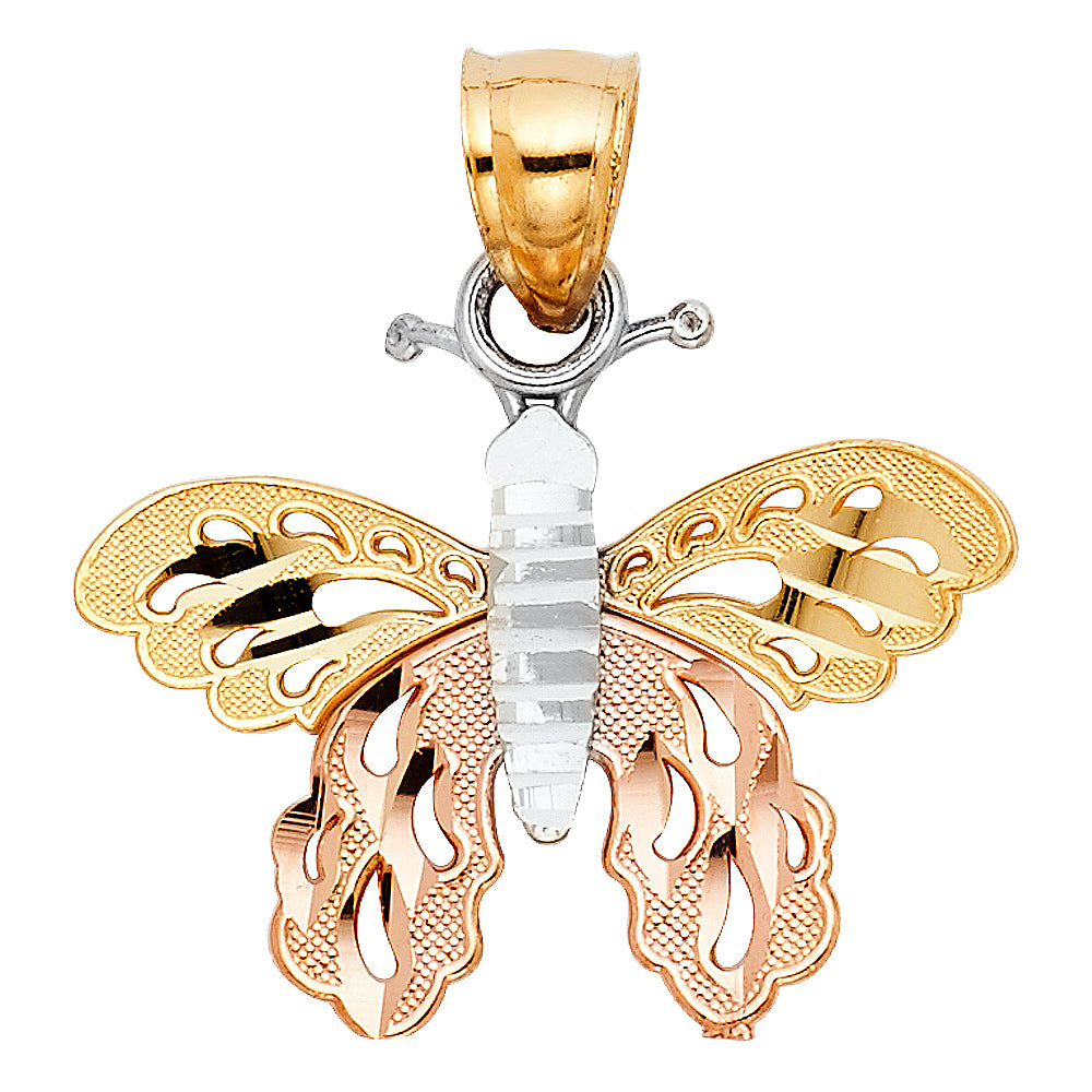 14K Tri-Color Gold Butterfly Charm Pendant (20mm x 24mm)