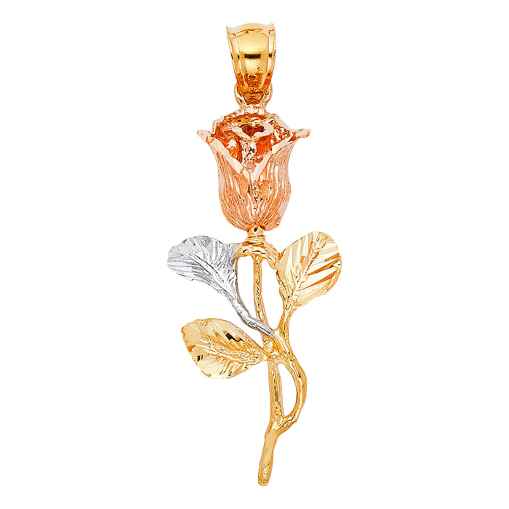 14K Tri-Color Gold Rose Charm Pendant (35mm x 16mm)