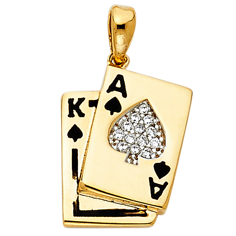 14k Yellow Gold with White CZ Accented Spade A & K Card Charm Pendant (15mm x 13mm)