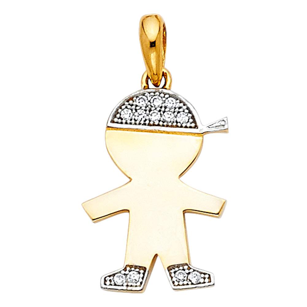 14k Yellow Gold with White CZ Accented Boy Charm Pendant (16mm x 12mm)
