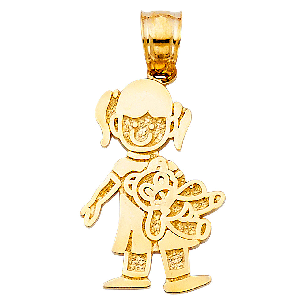 14k Yellow Gold Girl with Doll Charm Pendant (19mm x 13mm)