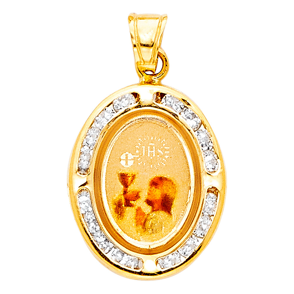 14k Yellow Gold Religious First Communion Picture Charm Pendant, Accented with Channel Set White CZ Stones (18mm x 14mm)