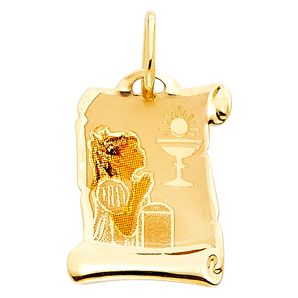 14k Yellow Gold Small/Mini First Communion Picture Pendant Girl (17mm x 12mm)