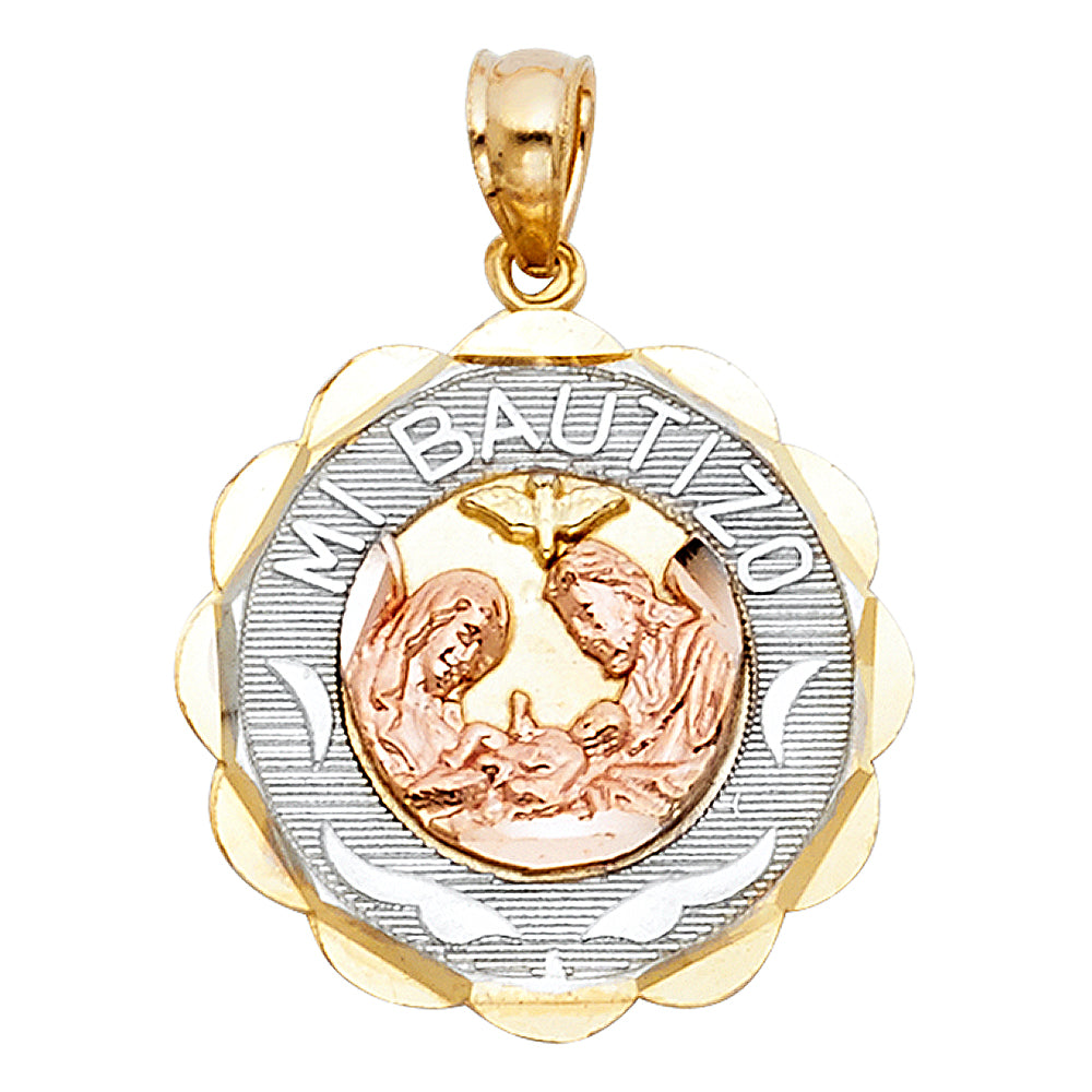 14K Tri-Color Gold Mi Bautizo Pendant Round Big (20mm x 18mm)