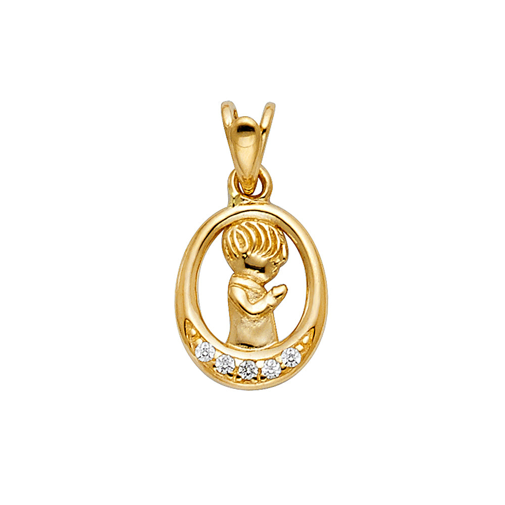 14k Yellow Gold with White CZ Accented Small/Mini Boy Praying Charm Pendant (15mm x 10mm)