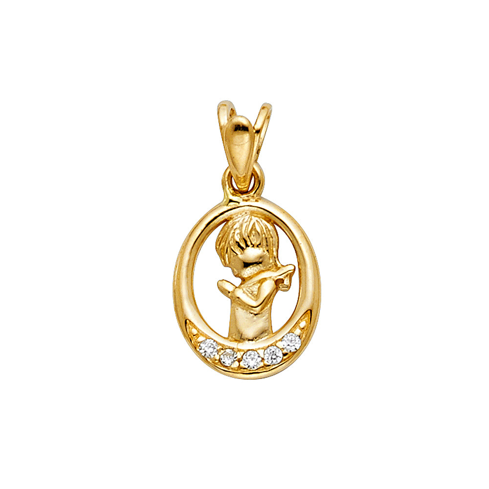 14k Yellow Gold with White CZ Accented Small/Mini Girl Praying Charm Pendant (15mm x 10mm)