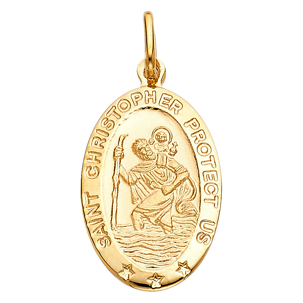 14k Yellow Gold Religious Saint Christopher Protect Us Oval Medal, 15mm (23mm x 15mm)
