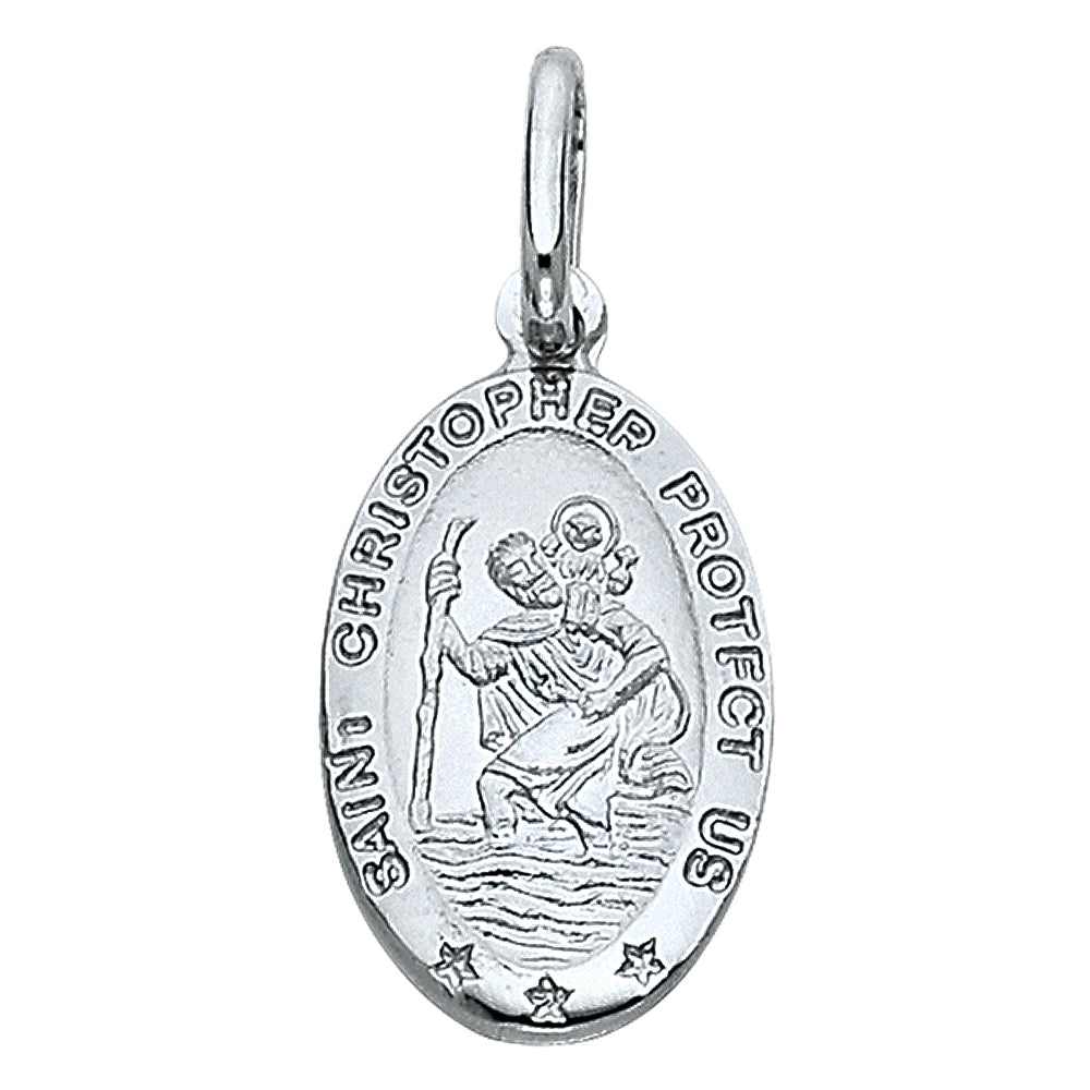 14k White Gold Religious Saint Christopher Protect Us Oval Medal, 13mm (18mm x 13mm)
