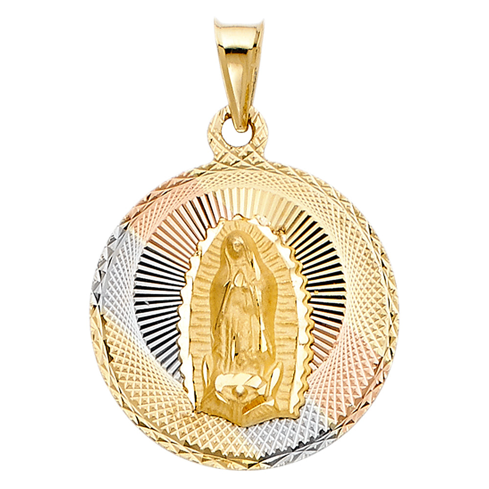 14k Tri-color Gold Religious Virgin Mary Stamp Charm Pendant Round Disc, 23mm
