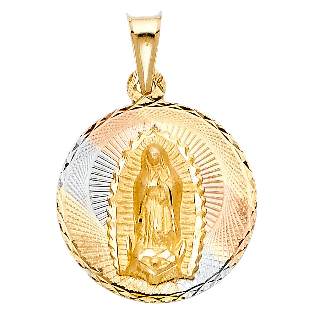 14k Tri-color Gold Religious Virgin Mary Stamp Charm Pendant Round Disc, 20mm