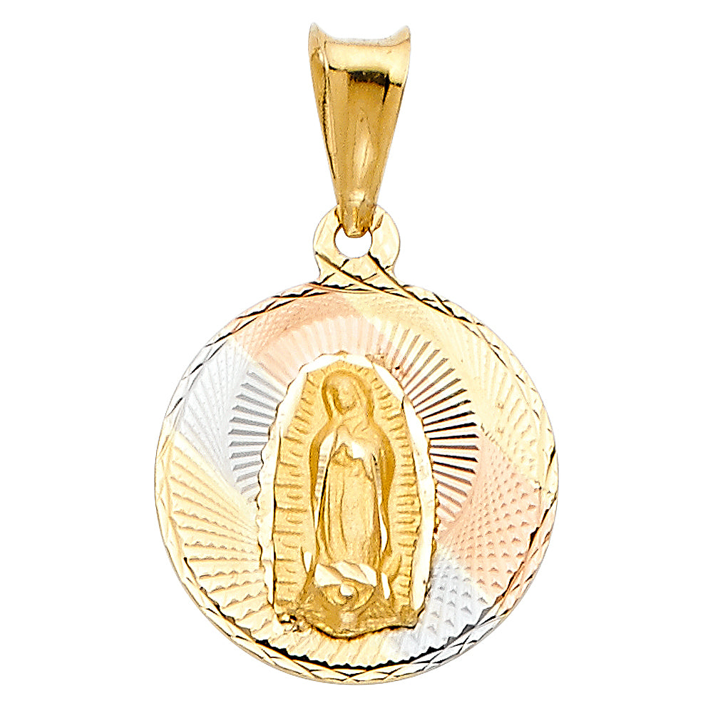 14k Tri-color Gold Religious Virgin Mary Stamp Charm Pendant Round Disc, 15mm