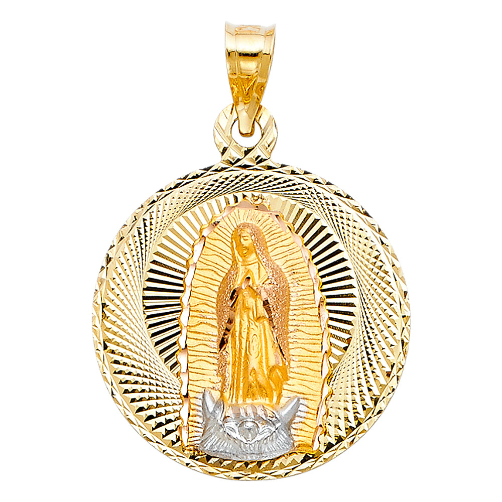 14k Tri-color Gold Religious Virgin Mary Stamp Charm Pendant Round Disc, 27mm