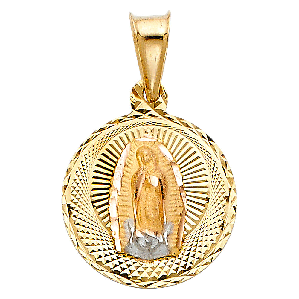 14k Tri-color Gold Religious Virgin Mary Stamp Charm Pendant Round Disc, 15mm