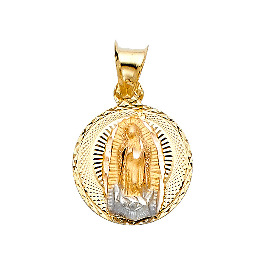 14k Tri-color Gold Small/Mini Religious Virgin Mary Stamp Charm Pendant Round Disc, 12mm