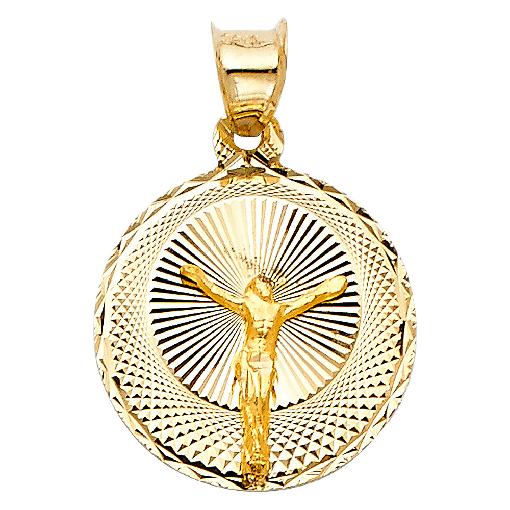 14k Tri-color Gold Religious Jesus Crucifix Stamp Charm Pendant Round Disc, 15mm
