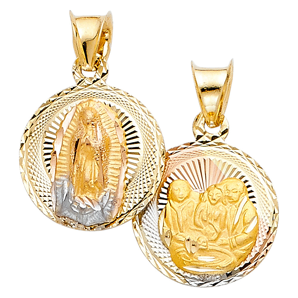 14k Tri-color Gold Religious Double Side Baptism and Virgin Mary Stamp (Single Charm) Pendant, 12mm Disc, Diamond Cut