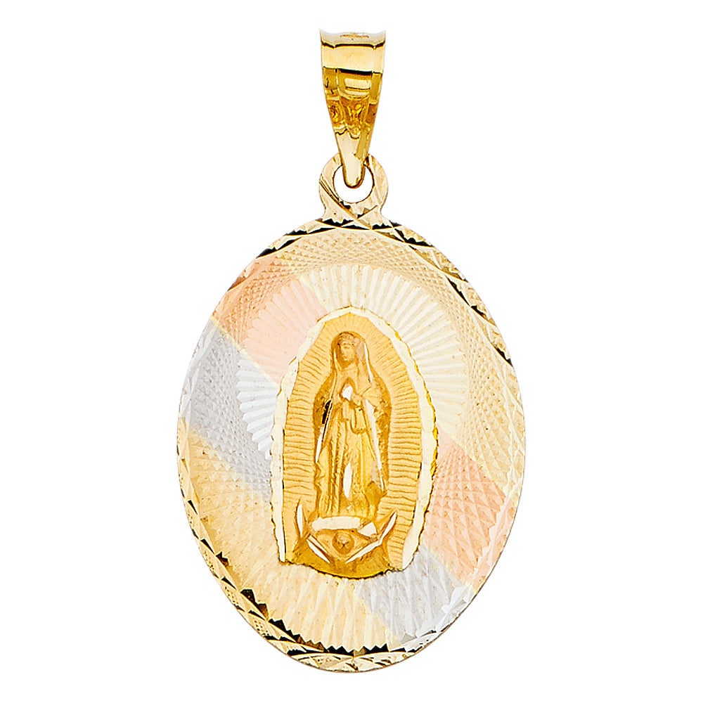 14k Tri-Color Gold Religious Virgin Mary of Guadalupe Stamp Charm Pendant, Diamond-cut (33 x 22mm)