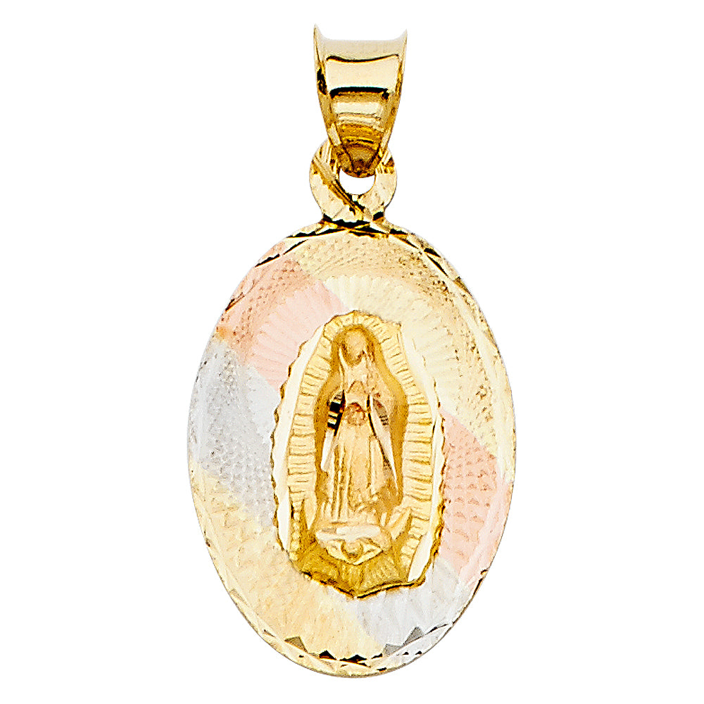14k Tri-Color Gold Religious Virgin Mary of Guadalupe Stamp Charm Pendant, Diamond-cut (21 x 14mm)