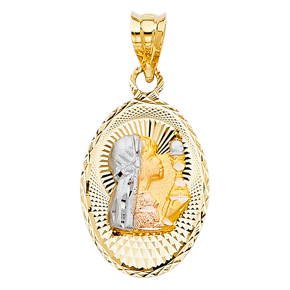 14k Tri-color Gold Religious Holy Communion Stamp Charm Pendant, Diamond-cut (21mm x 14mm)