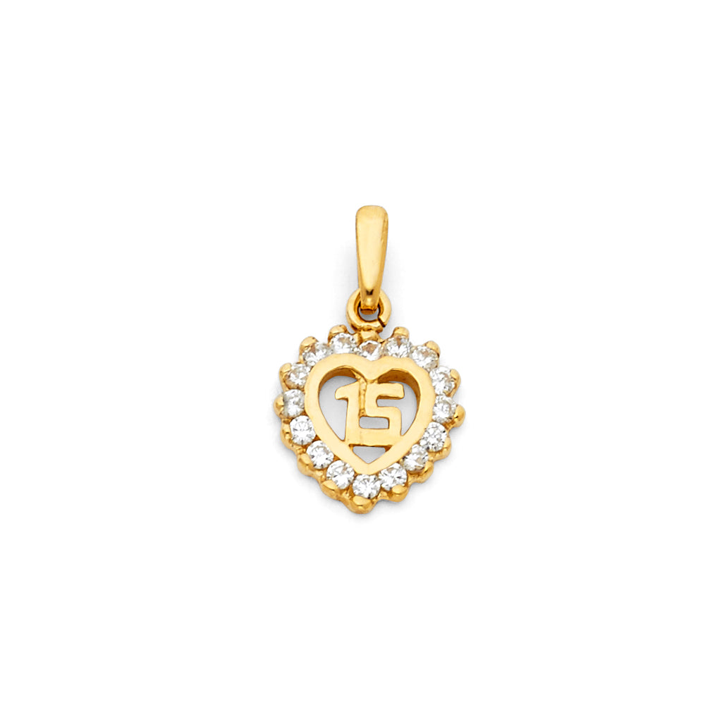 14k Yellow Gold 15 Years Birthday or Anniversary Small Heart Charm Pendant, Accented with White CZ Stone (13mm x 11mm)