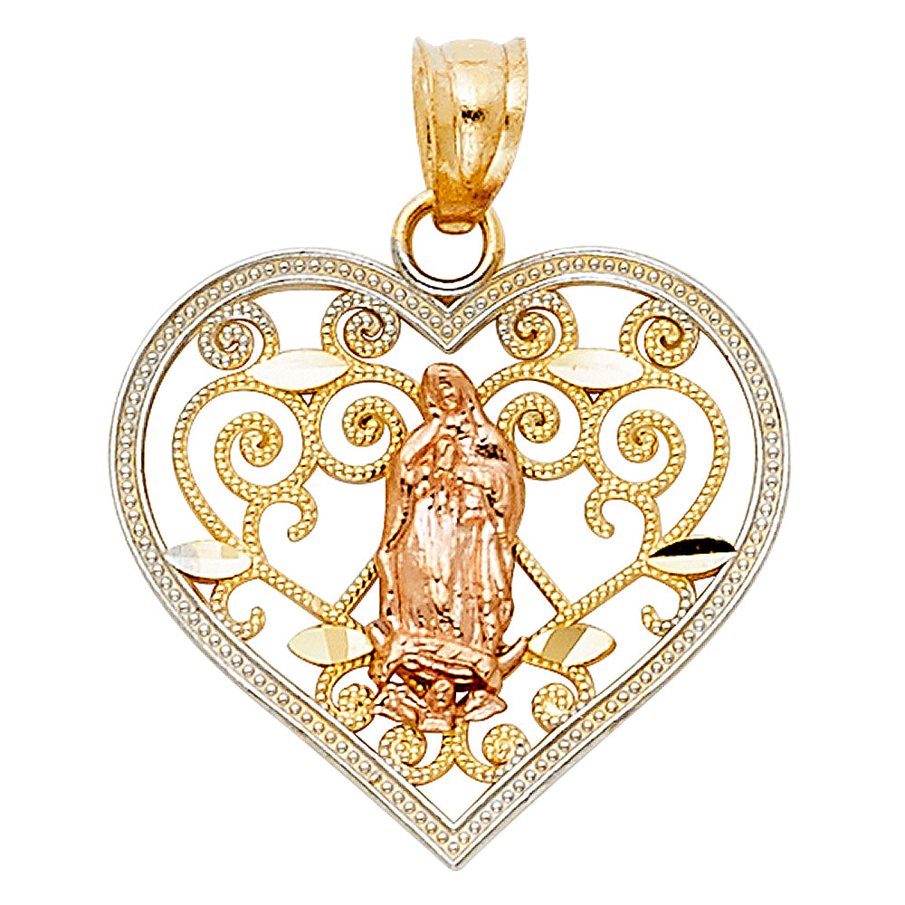 14k Tri-Color Gold Religious Virgin Mary on Filigree Heart Charm Pendant with Beaded Edge, 20mm x 20mm